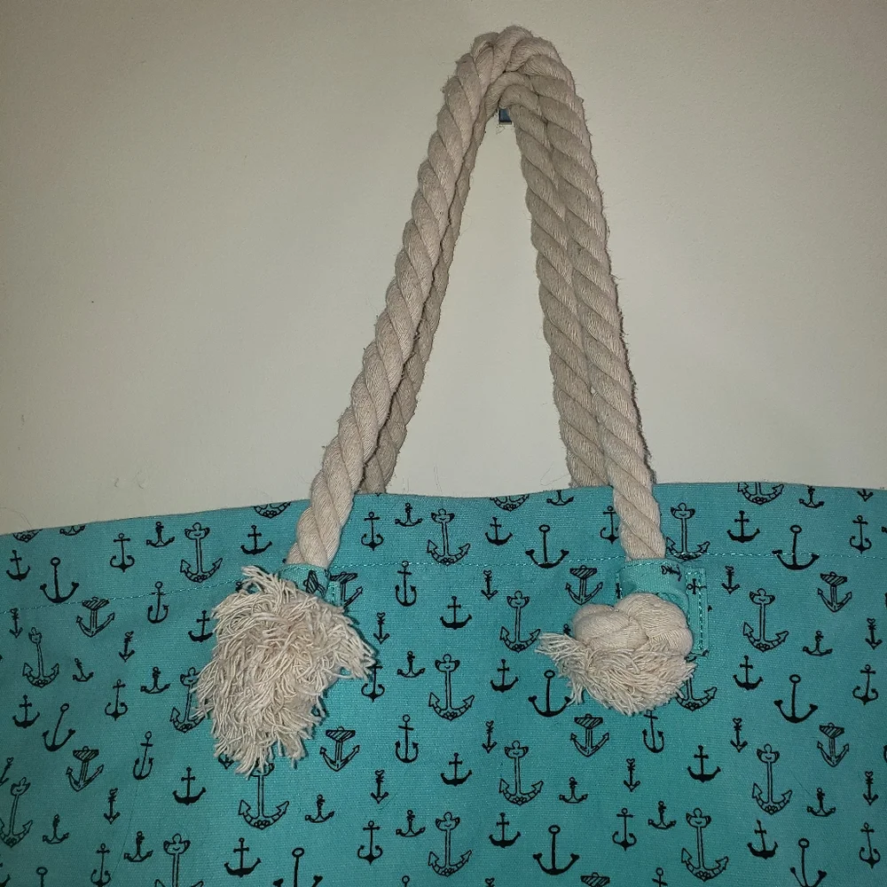 Beachy teal tote bag with black anchors and rope handles, large